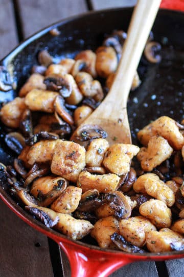 Crispy Brown Butter Sweet Potato Gnocchi with Balsamic Caramelized Mushrooms + Goat Cheese + VIDEO.