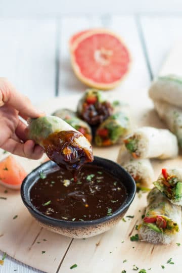 Brussels Sprout + Avocado Winter Rolls with Grapefruit Hoisin Dipping Sauce.