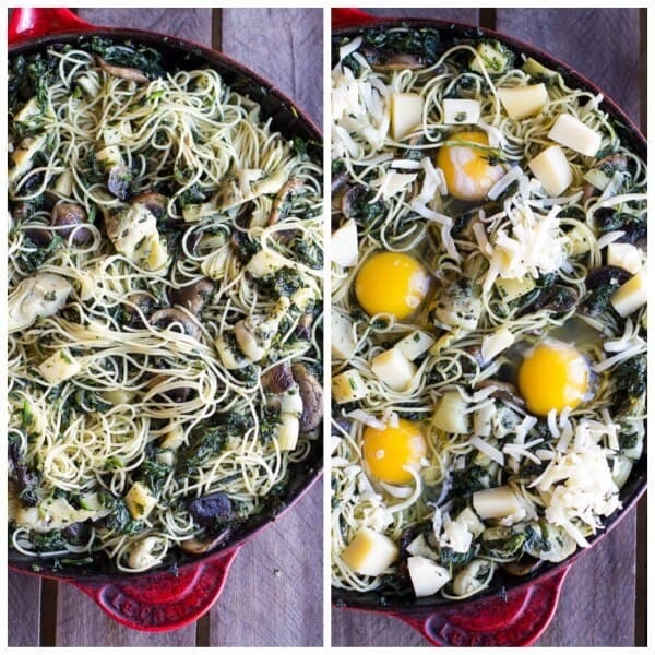 Fontina Spinach and Artichoke Breakfast Pasta Hash | halfbakedharvest.com