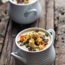 Cheddar Ale Soup with Chili Cheese Popcorn.