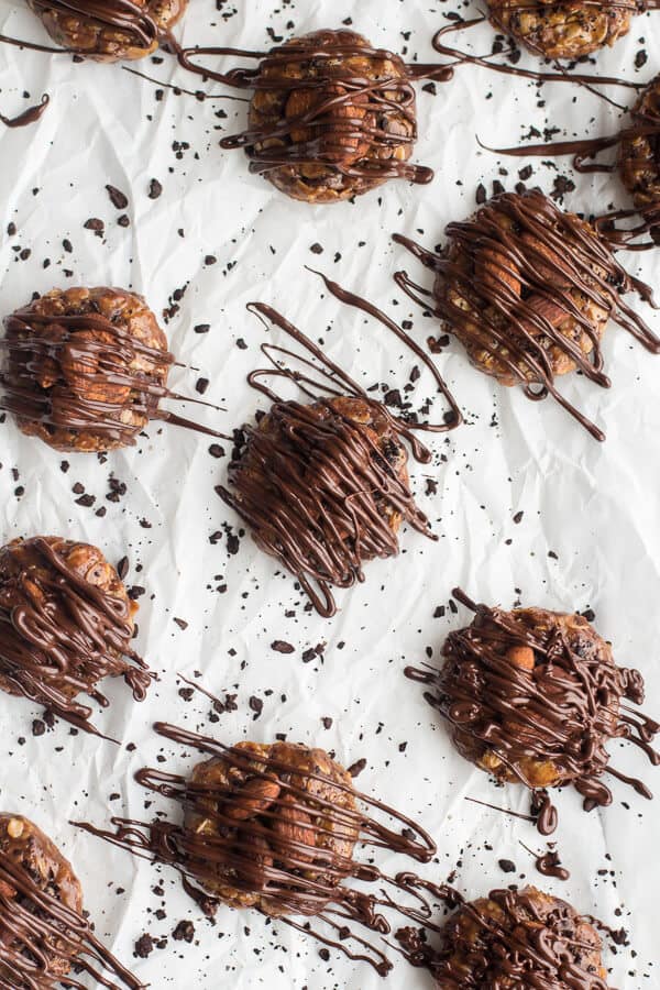 Dark Chocolate Covered Coffee Roasted Almond and Peanut Butter Oatmeal Bites | halfbakedharvest.com