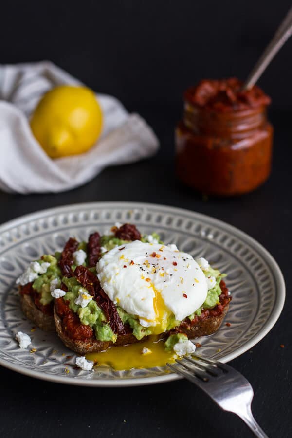 Harissa, Smashed Avocado + Egg Toast with Goat Cheese and Honey Drizzle | halfbakedharvest.com