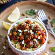 One Pot Moroccan Chicken + Chickpeas with Pistachio Couscous and Goat Cheese.