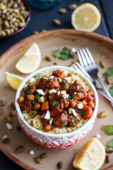 One Pot Moroccan Chicken + Chickpeas with Pistachio Couscous and Goat Cheese.