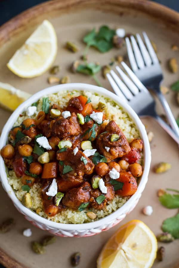 One Pot Moroccan Chicken + Chickpeas with Pistachio Couscous and Goat Cheese | halfbakedharvest.com