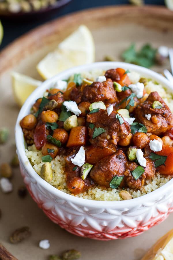 One Pot Moroccan Chicken + Chickpeas with Pistachio Couscous and Goat Cheese | halfbakedharvest.com