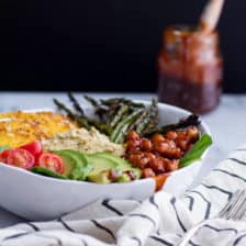 Spicy BBQ Chickpea and Crispy Polenta Bowls with Asparagus + Ranch Hummus.