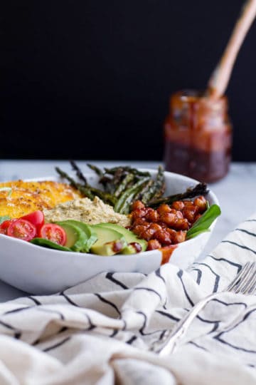 Spicy BBQ Chickpea and Crispy Polenta Bowls with Asparagus + Ranch Hummus.