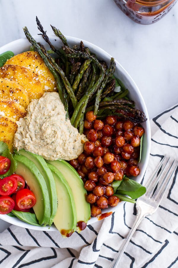 Spicy BBQ Chickpea and Crispy Polenta Bowls with Asparagus + Ranch Hummus | halfbakedharvest.com