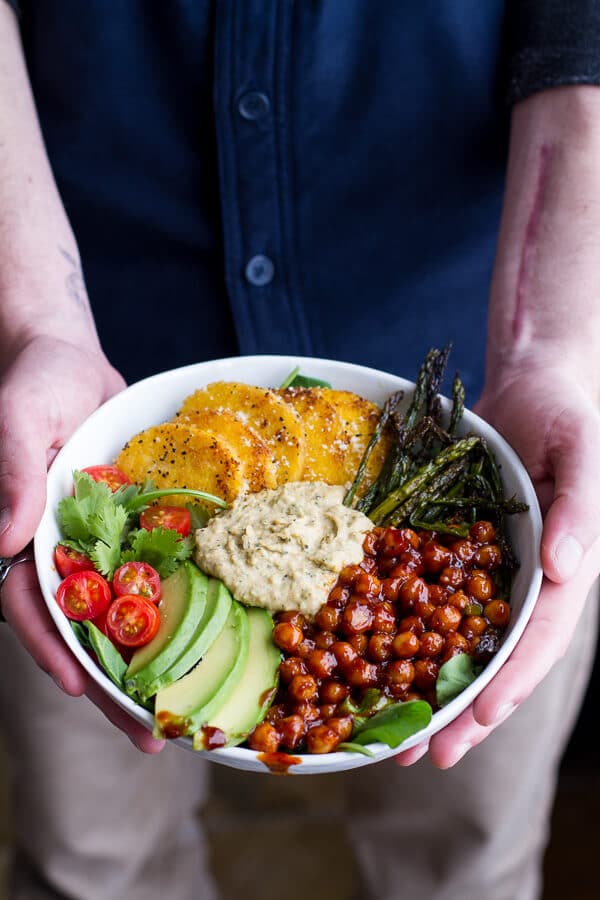 Spicy BBQ Chickpea and Crispy Polenta Bowls with Asparagus + Ranch Hummus | halfbakedharvest.com