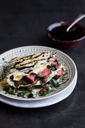 Steak, Spinach and Mushroom Crepes with Balsamic Glaze.