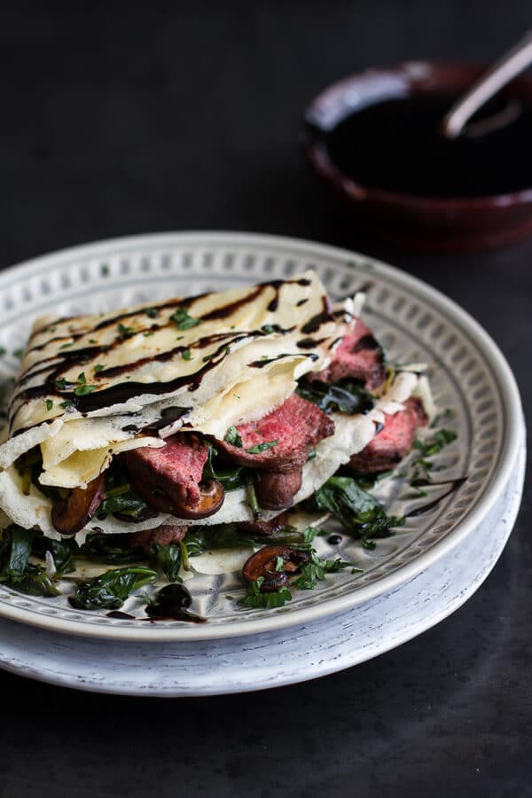 Steak, Spinach and Mushroom Crepes with Balsamic Glaze | halfbakedharvest.com