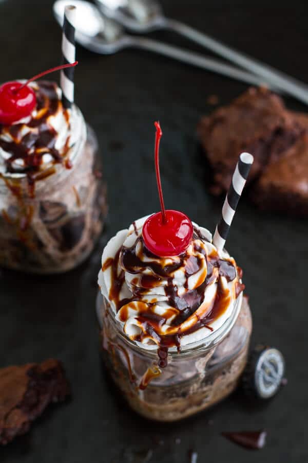 Mini Chocolate Stout Brownie Sundae Floats with Burnt Irish Caramel + Hot Fudge | halfbakedharvest.com