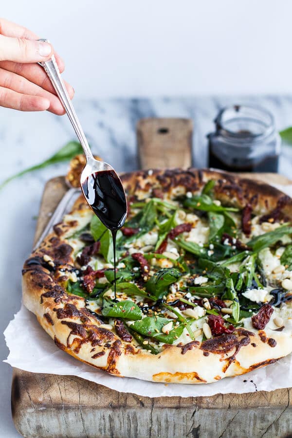 Spring Time Mushroom + Asparagus White Burrata Cheese Pizza with Balsamic Drizzle | halfbakedharvest.com