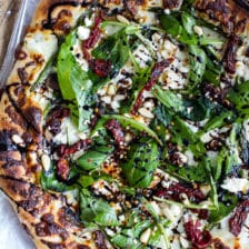 Spring Time Mushroom + Asparagus White Burrata Cheese Pizza with Balsamic Drizzle.