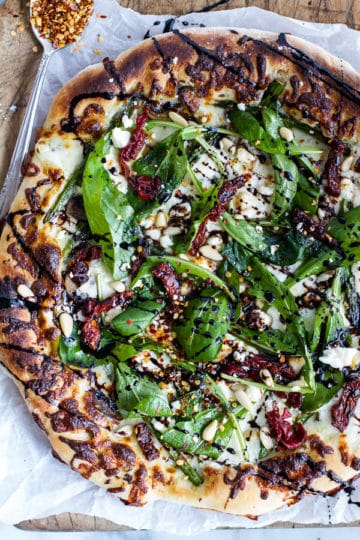 Spring Time Mushroom + Asparagus White Burrata Cheese Pizza with Balsamic Drizzle.