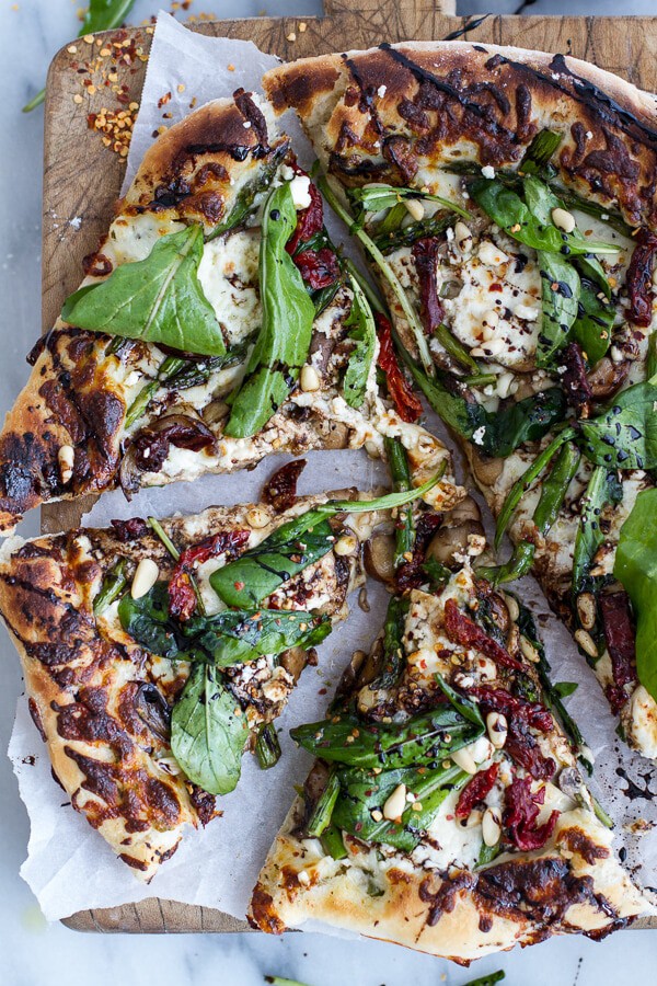 Spring Time Mushroom + Asparagus White Burrata Cheese Pizza with Balsamic Drizzle | halfbakedharvest.com