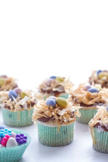 Angel Food Cupcakes with Chocolate Whipped Coconut Frosting + Crispy Phyllo Nest.