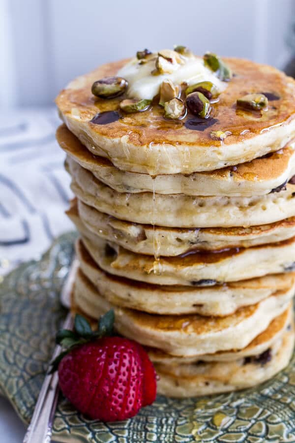 Chocolate Chip Lemon Baklava Pancakes with Salted Vanilla Honey Syrup | halfbakedharvest.com