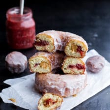 Glazed Peanut Butter and Jelly Doughnuts…with Strawberry-Rhubarb Chia Jelly.