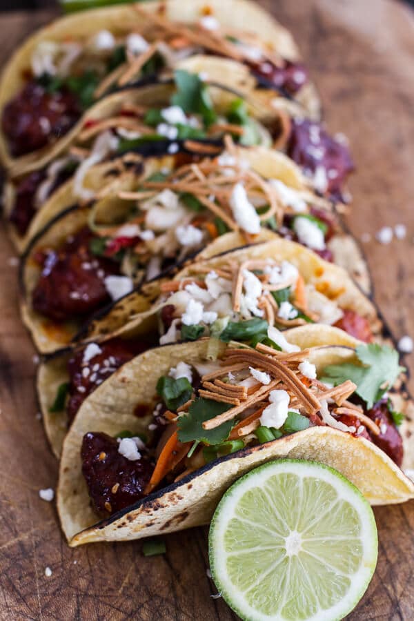 Korean Fried Chicken Tacos with Sweet Slaw, Crunchy Noodles + Queso Fresco | halfbakedharvest.com
