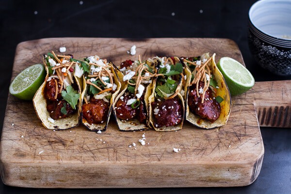 Korean Fried Chicken Tacos with Sweet Slaw, Crunchy Noodles + Queso Fresco | halfbakedharvest.com