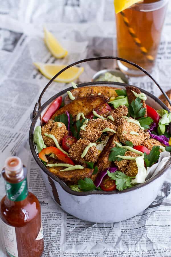 Cajun Shrimp 'n' Chips Po Boy Salad with Avocado Tarter Sauce | halfbakedharvest.com