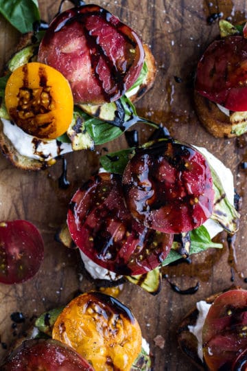 Grilled Caprese Toast with Burrata Cheese + Grilled Avocados.