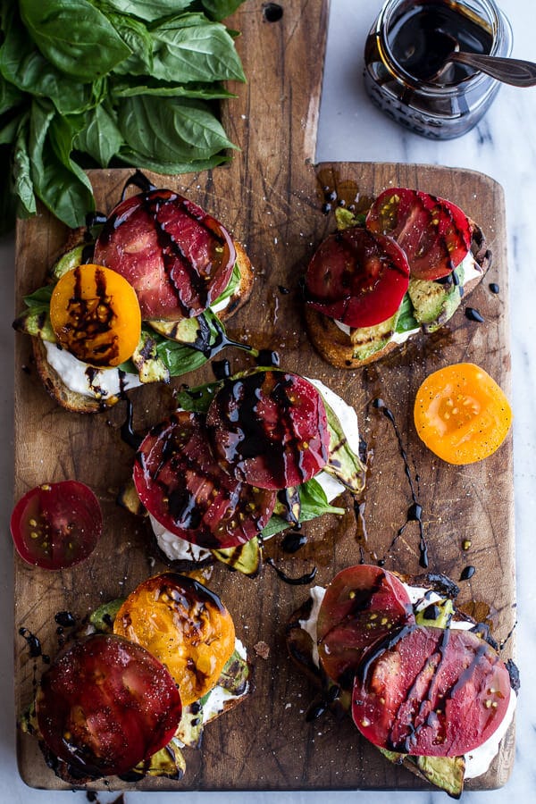 Grilled Caprese Toast with Burrata Cheese + Grilled Avocados | halfbakedharvest.com