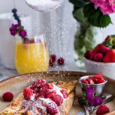 Lemon Ricotta Cheese Stuffed French Toast Crepes with Vanilla Stewed Strawberries.