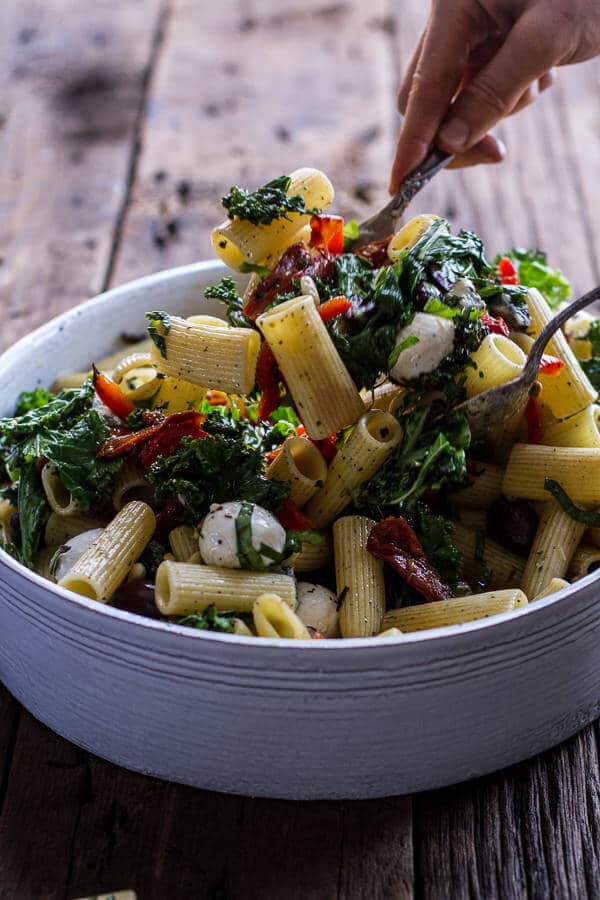 Simple Grilled Kale + Red Pepper Tuscan Pasta Salad | halfbakedharvest.com