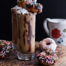 Coconut Iced Coffee...with Mini Chocolate Glazed Coffee Doughnuts.