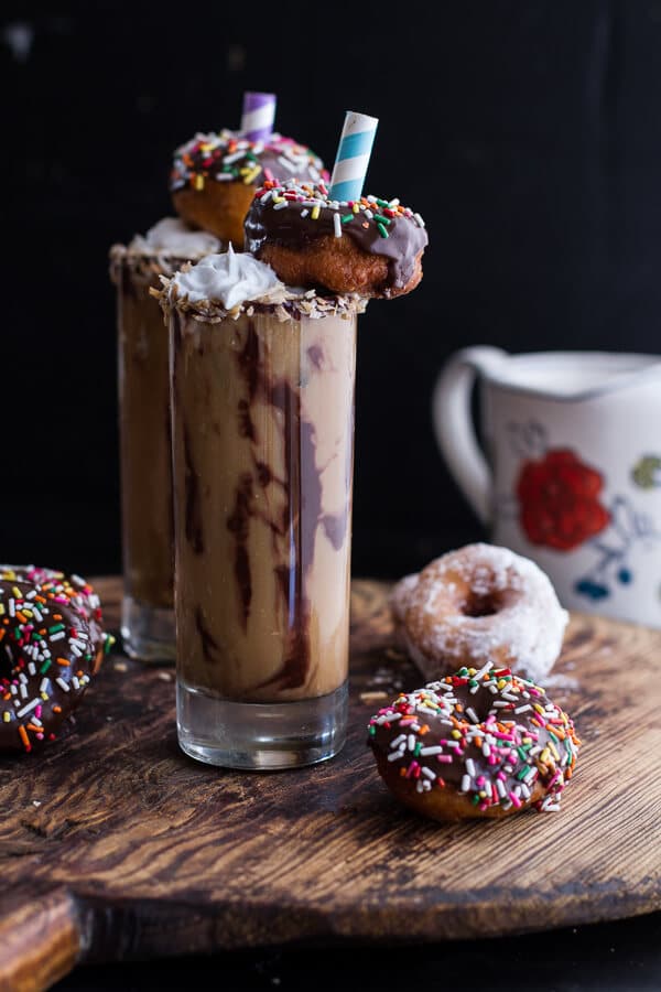 Coconut Iced Coffee...with Mini Chocolate Glazed Coffee Doughnuts | halfbakedharvest.com