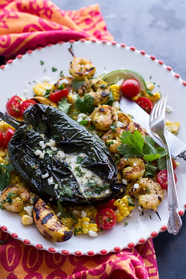 Grilled Chiles Rellenos with Chipotle Peach Mojo Shrimp | halfbakedharvest.com