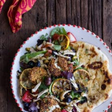Moroccan Chicken Salad with Pistachio Crusted Fried Goat Cheese + Garlic Naan.