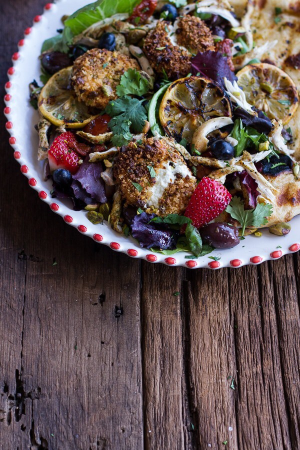 Moroccan Chicken Salad with Pistachio Crusted Fried Goat Cheese + Garlic Naan | halfbakedharvest.com