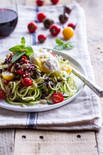15-Minute Zucchini Pasta w/ Poached eggs and Quick Heirloom Cherry Tomato Basil Sauce.