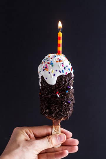 5-Ingredient Caramel Double Chocolate Birthday Ice Cream Cake Bars on a Stick.