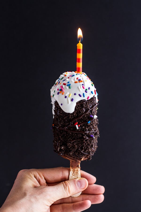 5-Ingredient Caramel Double Chocolate Birthday Ice Cream Cake Bars on a Stick | halfbakedharvest.com