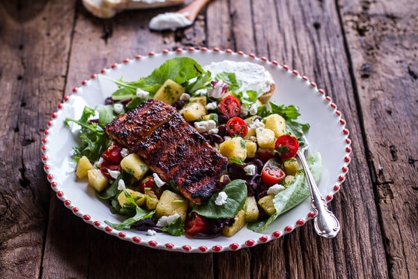 Caribbean Jerk Salmon with Curried Pineapple and Goat Cheese Salad | halfbakedharvest.com for @President Cheese #artofcheese