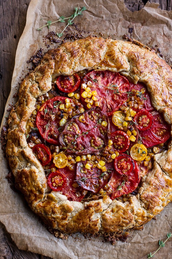 Caramelized Corn and Heirloom Tomato Galette w-Herbed Roasted Garlic Goat Cheese | halfbakedharvest.com @hbharvest