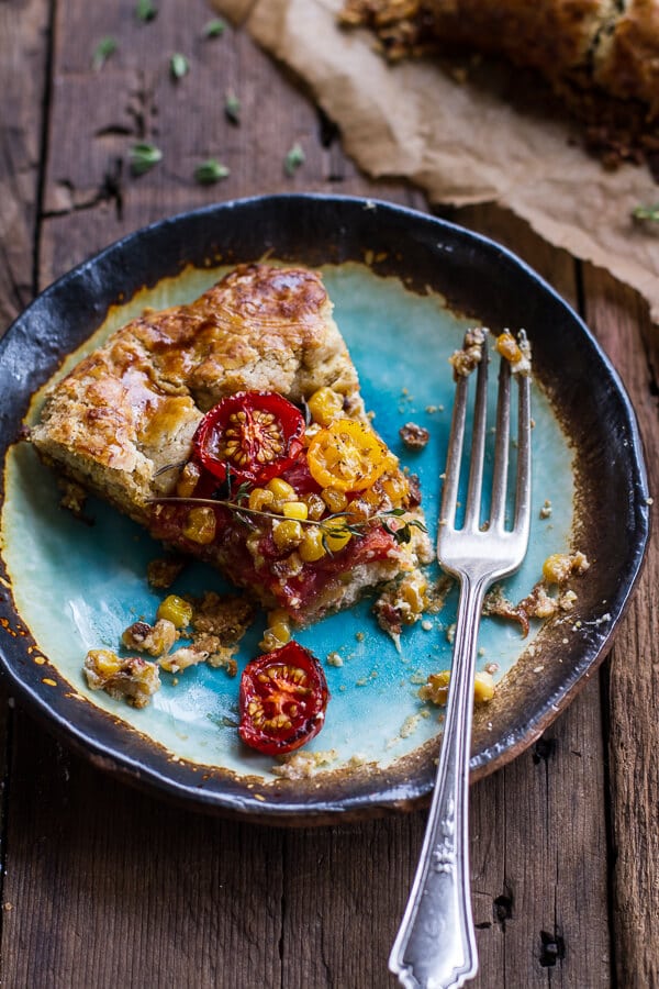 Caramelized Corn and Heirloom Tomato Galette w-Herbed Roasted Garlic Goat Cheese | halfbakedharvest.com @hbharvest
