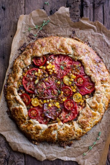 Caramelized Corn and Heirloom Tomato Galette w/Herbed Roasted Garlic Goat Cheese.