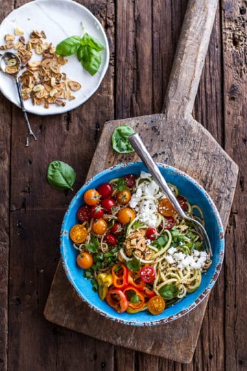 Farmers Market Sesame Miso Noodle Bowls with Garlic Chips.