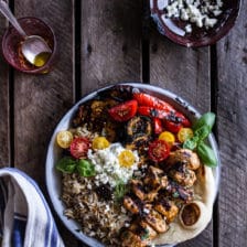 Greek Chicken Souvlaki and Rice Pilaf Plates w/Marinated Veggies + Feta Tzatziki.