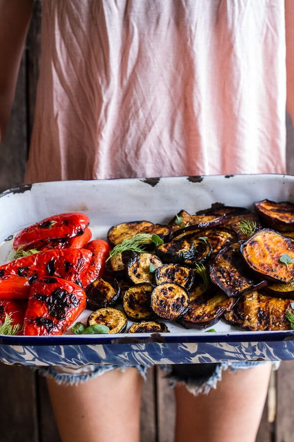 Greek Chicken Souvlaki and Rice Pilaf Plates w-Marinated Veggies + Feta Tzatziki | halfbakedharvest.com @hbharvest