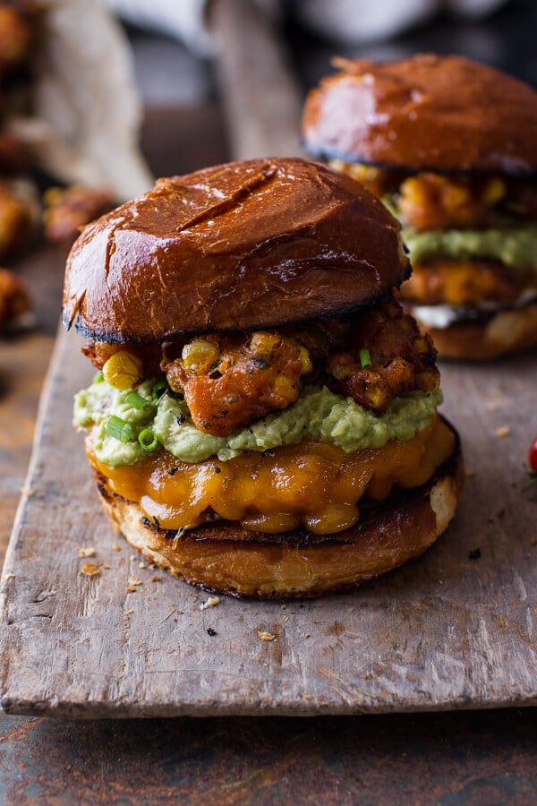 Smoky Chipotle Cheddar Burgers with Mexican Street Corn Fritters. -6