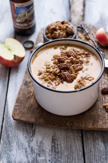 Brie + Cheddar Apple Beer Soup with Cinnamon Pecan Oat Crumble.