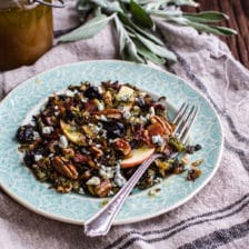 Caramelized Brussels Sprout Salad w/Blue Cheese, Bacon + Caramel Apple Vinaigrette.