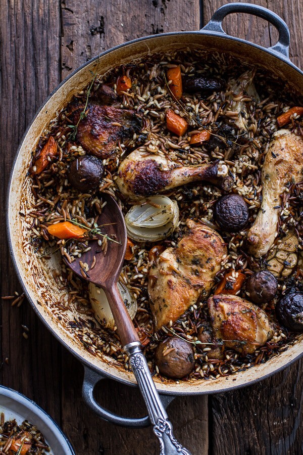One-Pot Autumn Herb Roasted Chicken with Butter Toasted Wild Rice Pilaf |halfbakedharvest.com @hbharvest
